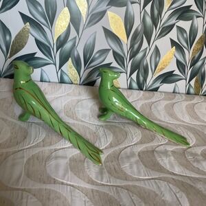 Mid century Green and Gold Ceramic Bird Salt and Pepper Shakers Set Souvenir
